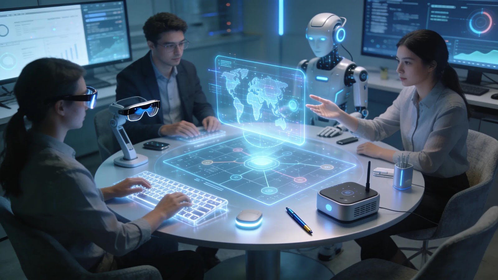 Modern workspace with AI tools enhancing collaboration among entrepreneurial teams