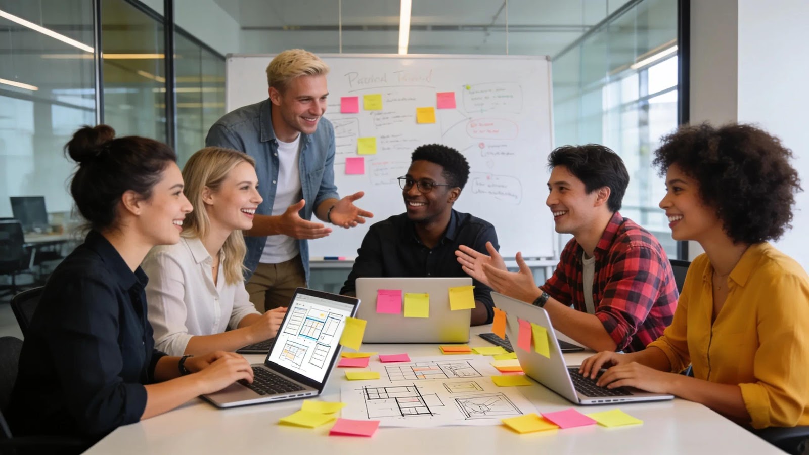 Entrepreneurs collaborating in a modern office, showcasing teamwork and innovation