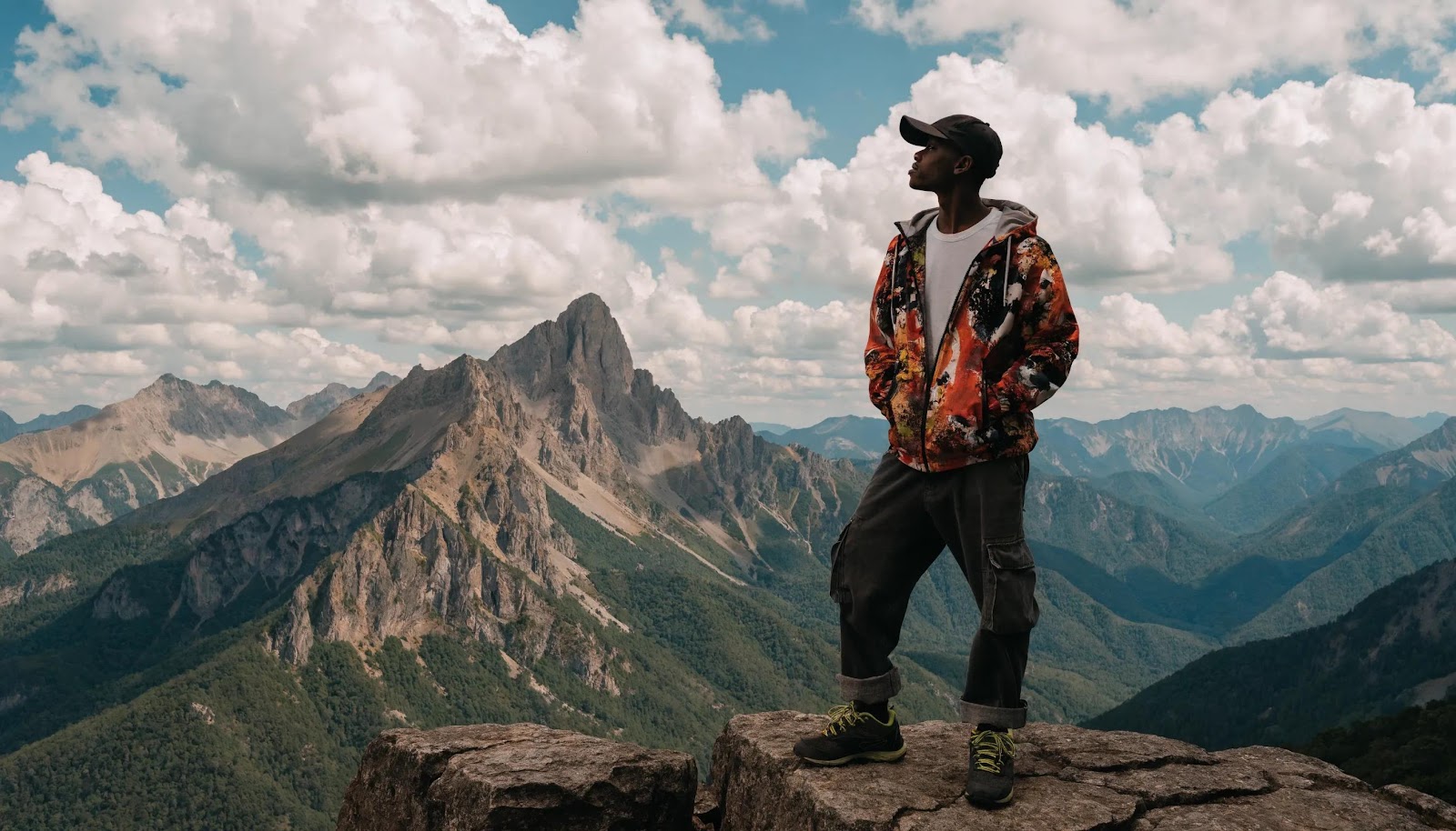 Entrepreneur on a mountain peak representing vision and resilience in business