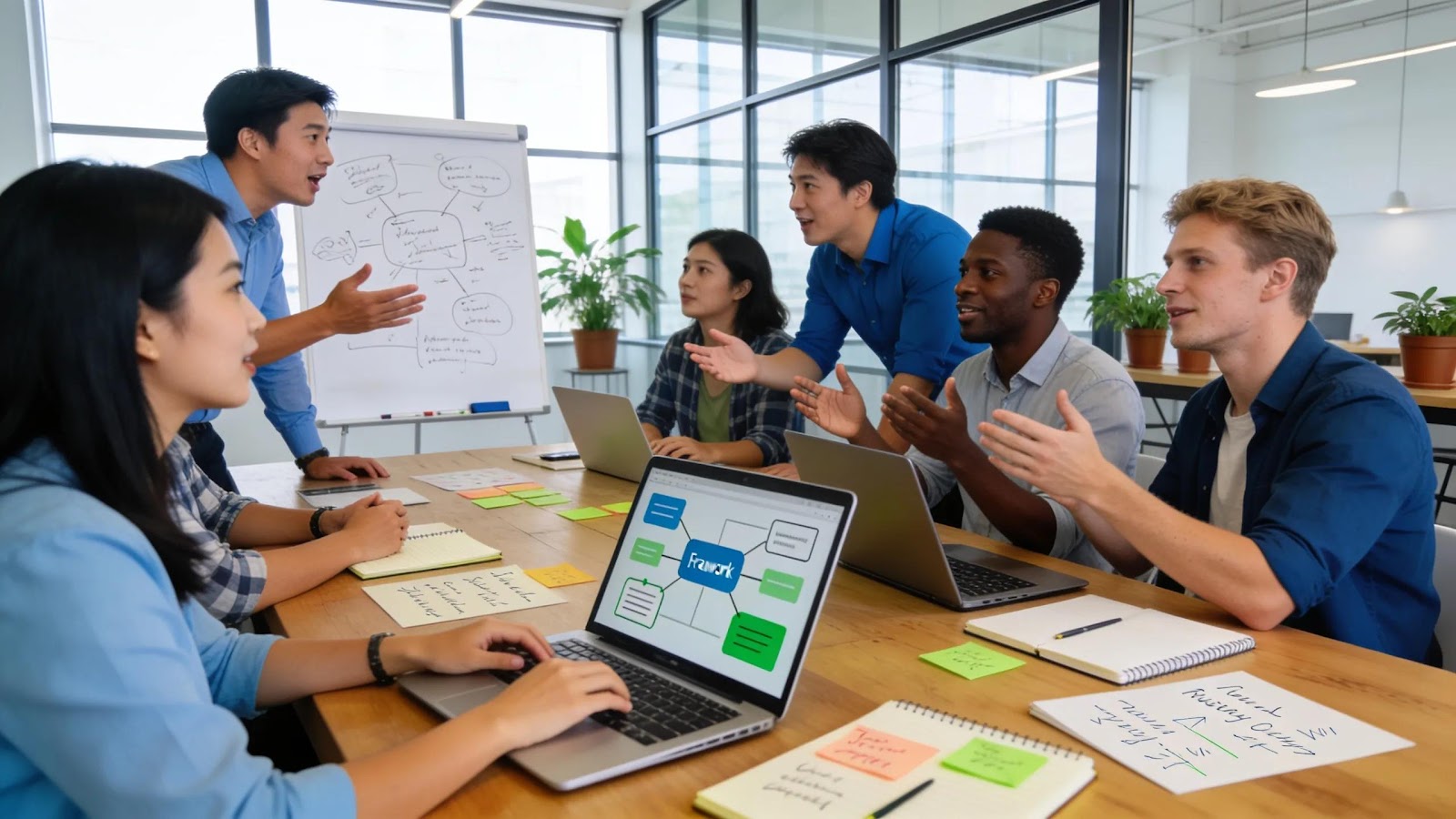 Diverse entrepreneurs collaborating in a modern workspace, illustrating the Entrepreneurial Operating System