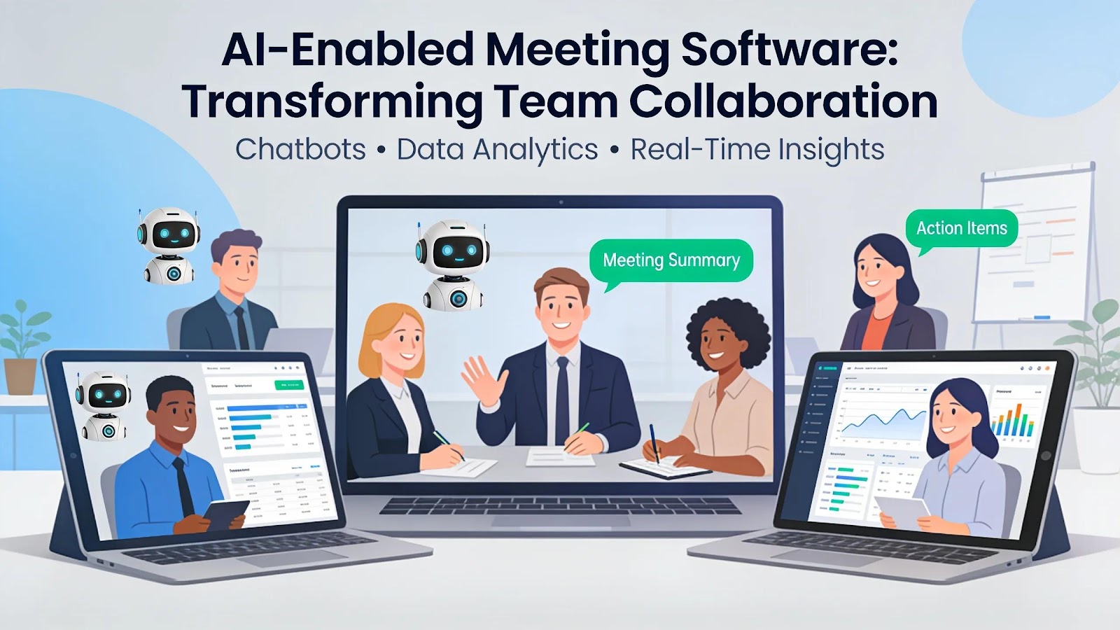 Professional team engaged in a virtual meeting using AI-enabled facilitation tools, showcasing collaboration benefits