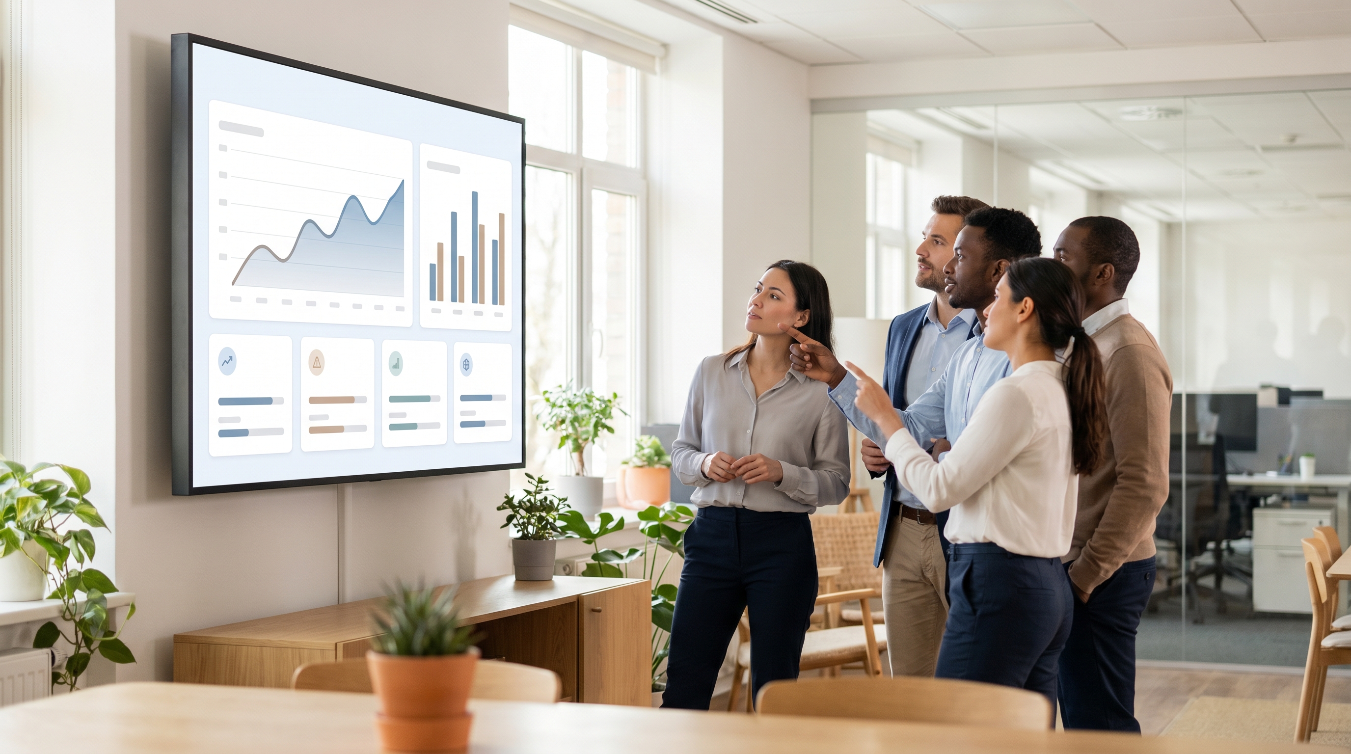 A team reviewing a business performance dashboard with KPI charts and trend lines