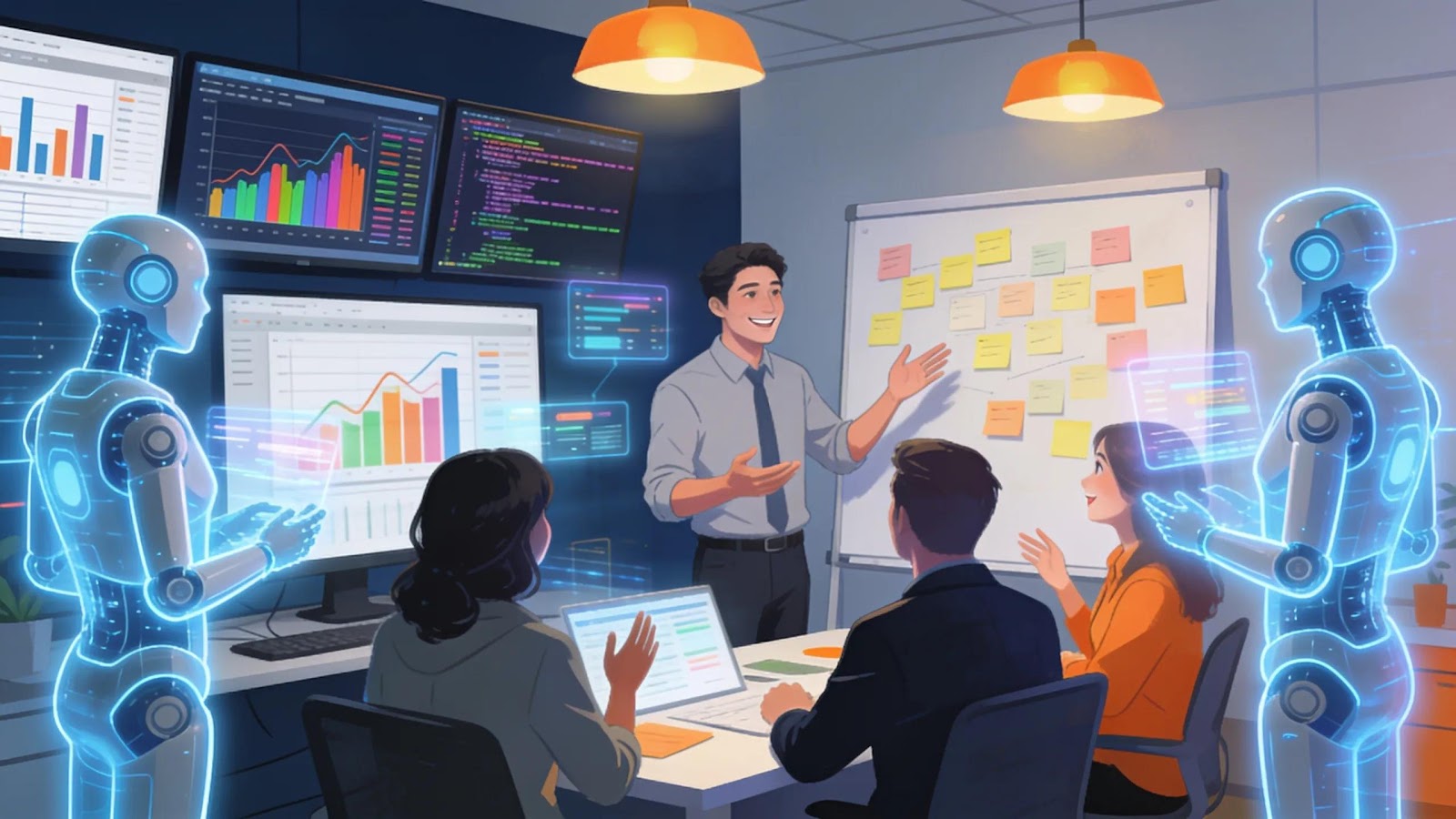 AI agents collaborating with human employees in a dynamic workspace, showcasing teamwork