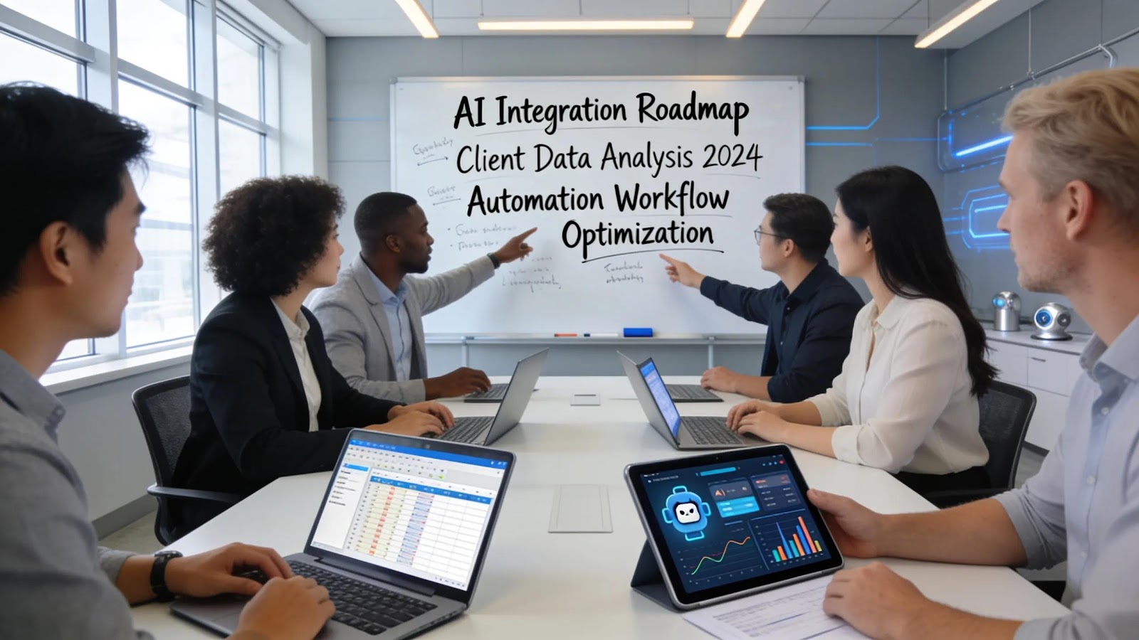Modern team collaboration with AI and traditional operating software in a professional workspace