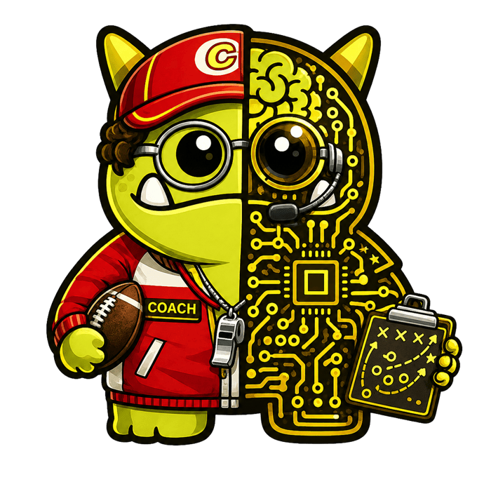 Orgy as a coach. Half human in a jersey with a whistle and playbook, half AI circuit board with a headset. One being. Two halves. Same playbook.