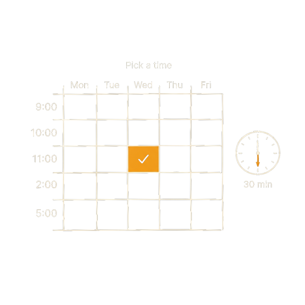 Calendar with one time slot highlighted in amber, paired with a clock showing thirty minutes