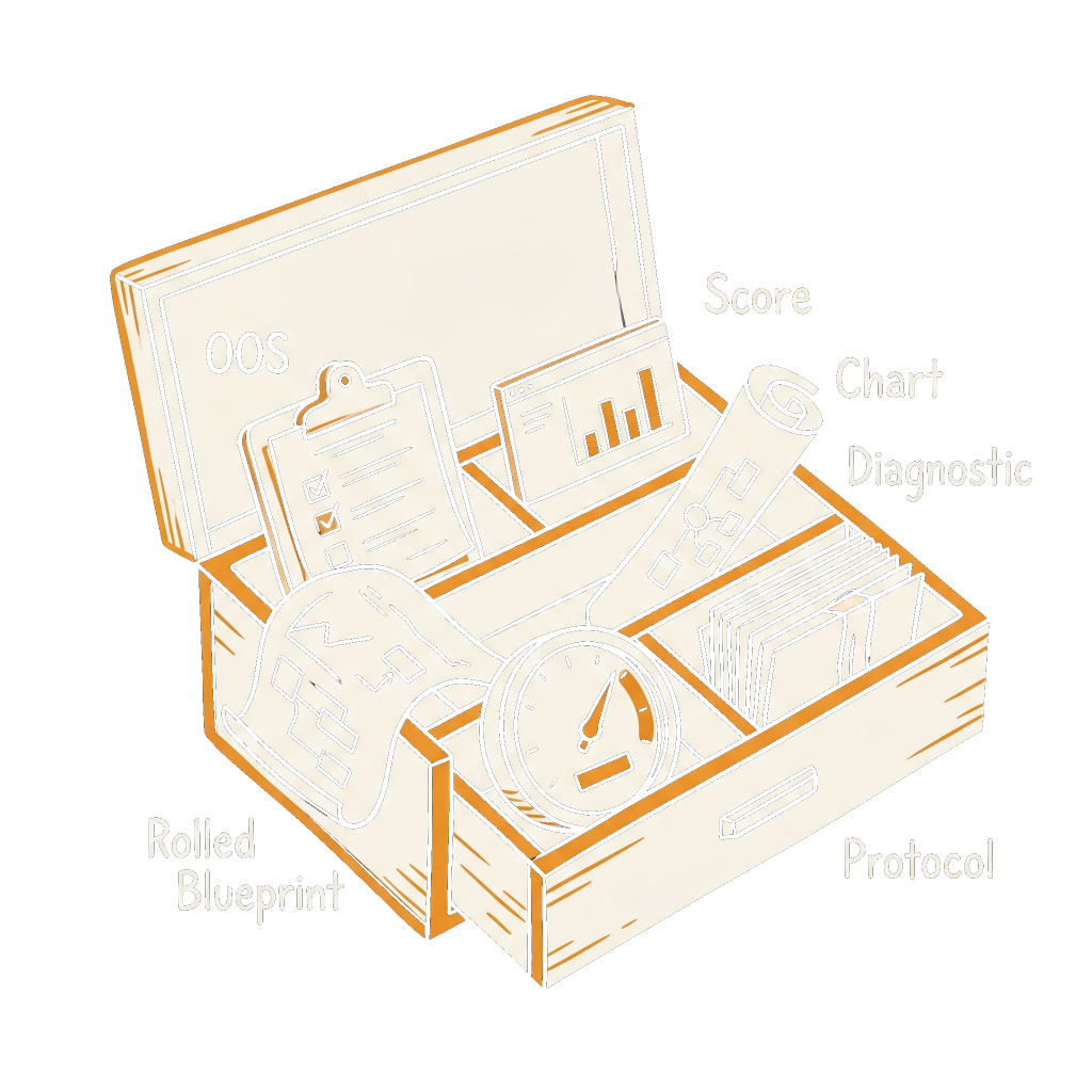The OTP toolbox: clipboard, scorecard, blueprint, diagnostic gauge, and protocol cards arranged inside an open toolbox