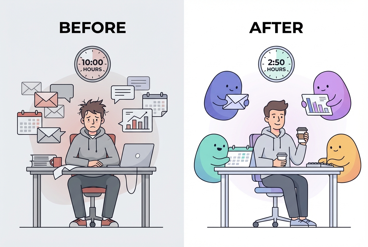 Before and after: overwhelmed founder vs. relaxed founder with AI agents handling tasks