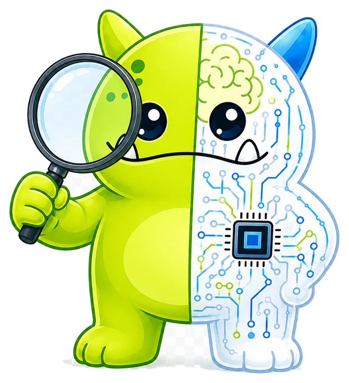 Ollie peeking over the chart with a magnifying glass