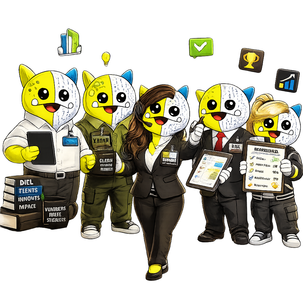 The OTP agent army — five AI agent mascots standing with their human teammate, each holding the tools of their role