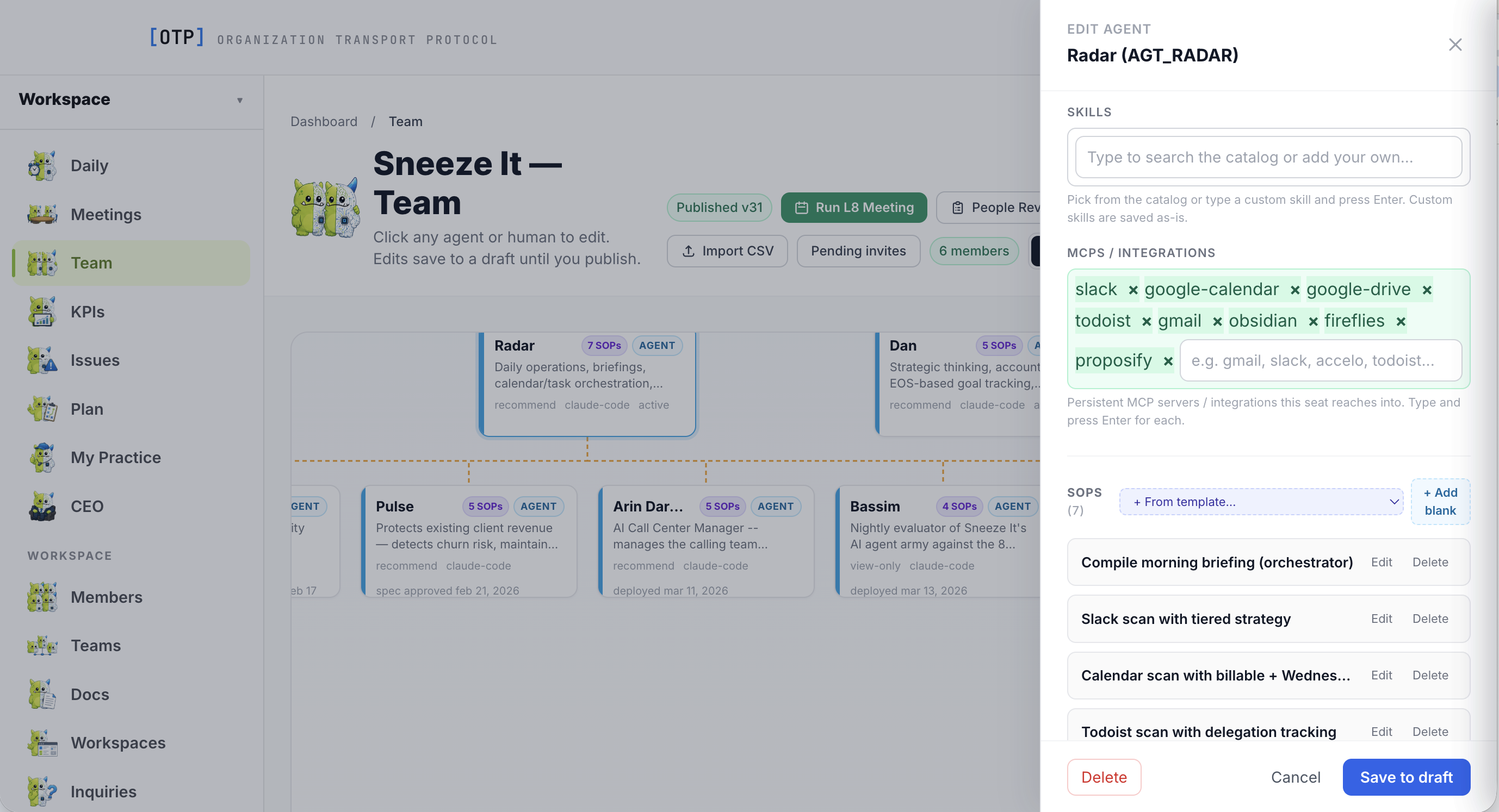 The OTP accountability chart with AI agents holding seats next to people, each with skills, integrations and SOPs